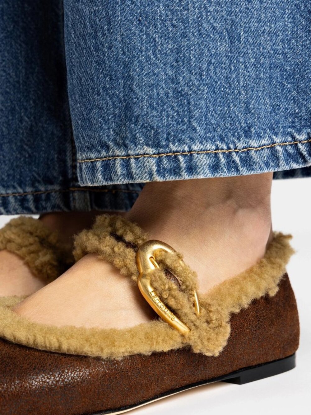 Larroude Verona Ballet Flats Cocoa Brown Leather Natural Shearling Mary Jane NWT - Picture 6 of 7